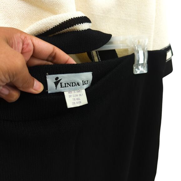 Linda Iki Women M Suit Set White Black Knit Blazer Blouse Skirt Shimmer VTG FLAW - Picture 9 of 14